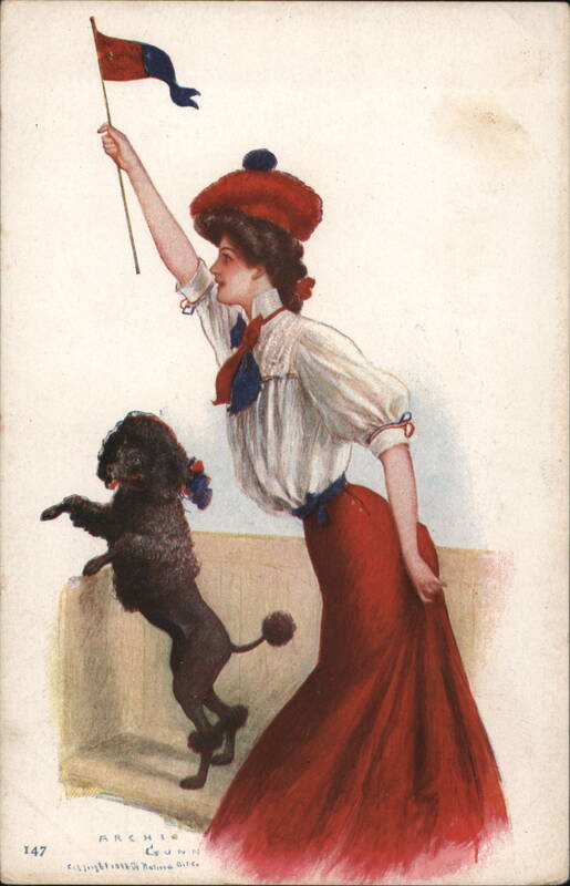 UPenn Woman with Red Skirt and Black Poodle Holding a Pennant