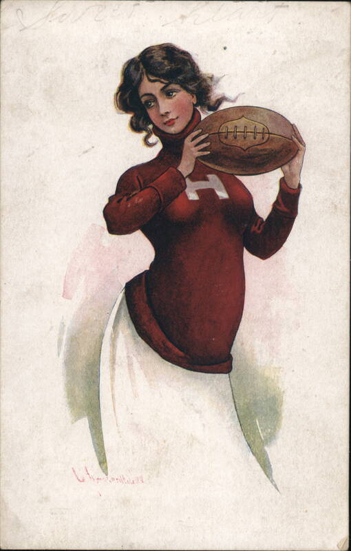 Harvard Woman in Red Sweater and White Skirt Holding Football
