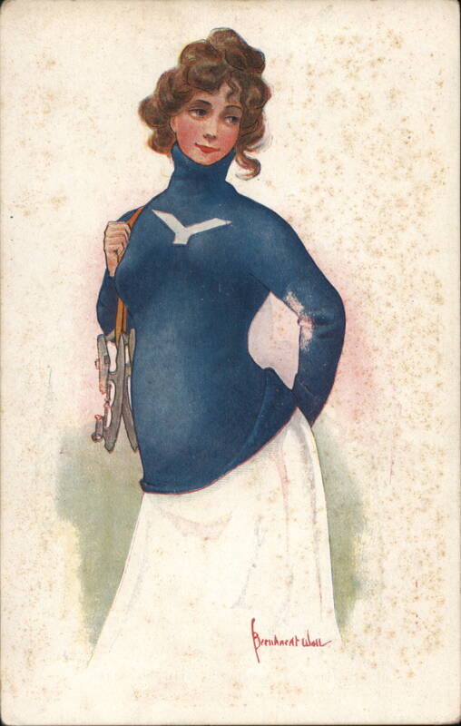 Yale Woman in Blue Sweater and White Skirt Holding Ice Skates