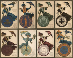 Set of 8: University Girl Series - College Women with Pennants and Seals Postcard