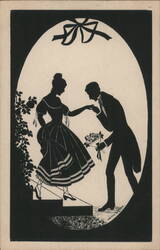 Couple, Silhouette, Man Kissing Woman's Hand, Stairs, Flowers Postcard