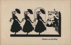Three Women with Parasols, Man Seated at Table Postcard