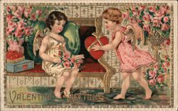Valentine Greetings - Two Cherubs Exchanging a Heart Postcard
