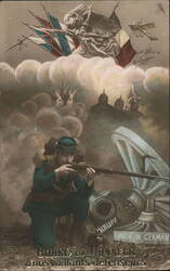 French Dragoon Soldier with Krupp Howitzer, WWI Postcard