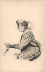 Woman Driving Early Automobile Postcard