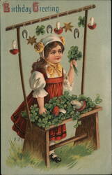 Birthday Greeting, Girl with Four-Leaf Clovers Postcard