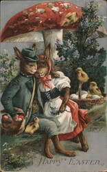 Happy Easter Bunnies Under Mushroom with Chicks Postcard