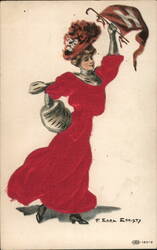 Harvard Woman in Red Dress with American Flag Parasol Postcard