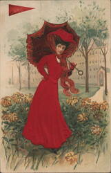 Harvard Woman in Red with Parasol Postcard