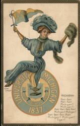 University of Michigan Girl, 1837, College Pennant, Blue Dress Postcard