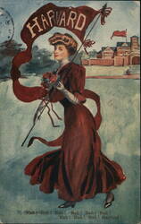 Harvard College Girl with Pennant and Roses Postcard