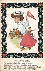 College Girl Cheering with Pennant, Comic Postcard Postcard