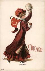 Chicago Woman with Pennant and Beer Stein Postcard