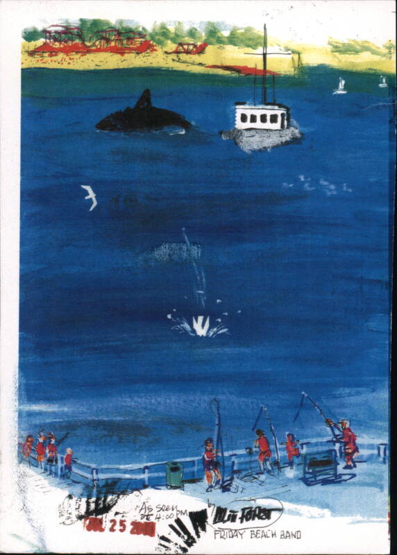 Santa Cruz Wharf with Orca, Sailboat, and People Fishing California