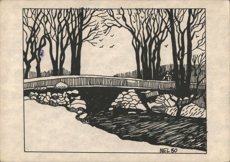 Creek with Bridge and Trees NEL Postcard Art