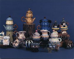 Mackenzie-Childs Harlequin Basket, Teapots, Pitchers and Sugar Bowls Postcard