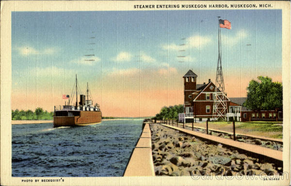 Steamer Entering Muskegon Harbor Michigan