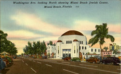 Washington Ave, looking North showing Miami Beach jewish Center Postcard