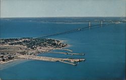 Aerial View of Mackinaw City and Mackinac Bridge Postcard