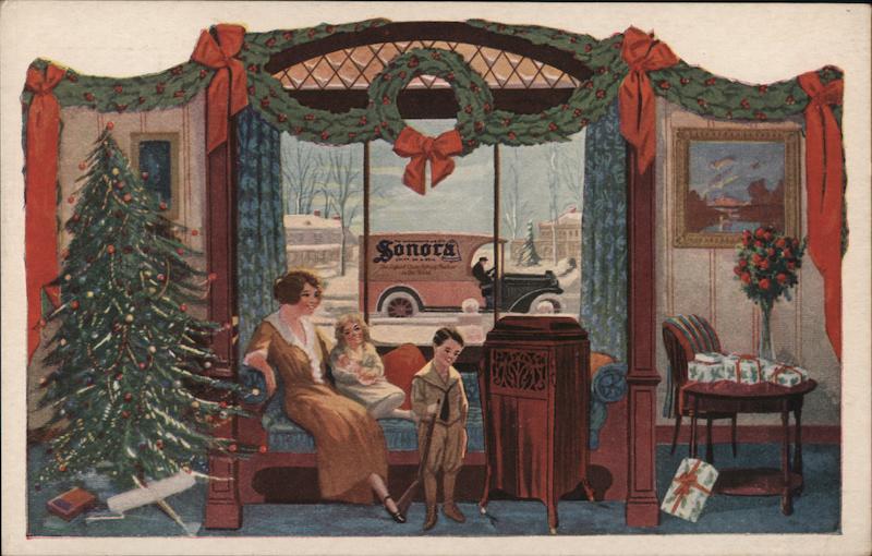 Sonora Phonograph Mother and Children in Living Room