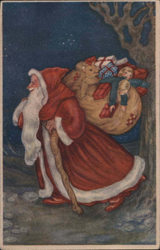 Santa Claus Walking Through Woods Carrying Sack of Toys