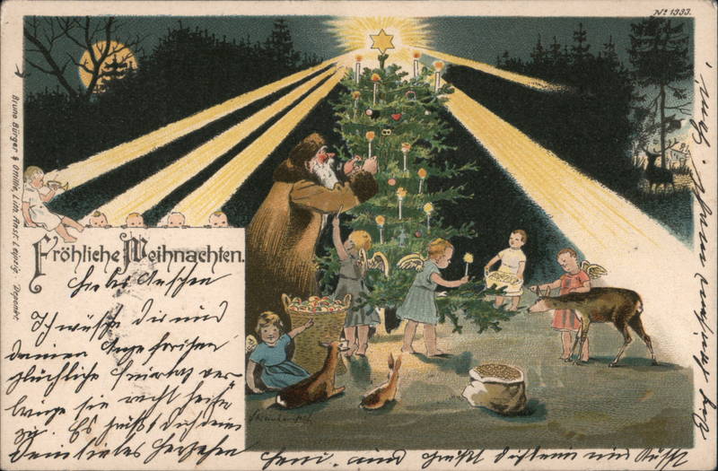 Santa Deocrating Christmas Tree with Cherubs Helping