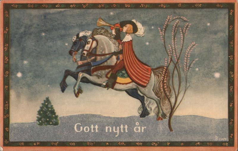 Swedish Gott nytt ar Page Boy Riding a Horse through the Snow