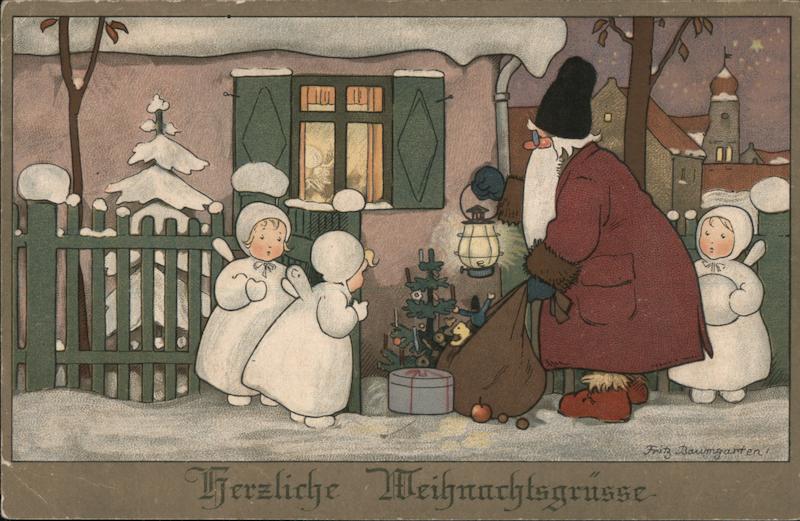 Santa Delivering Presents with Little Angels Fritz Baumgarten