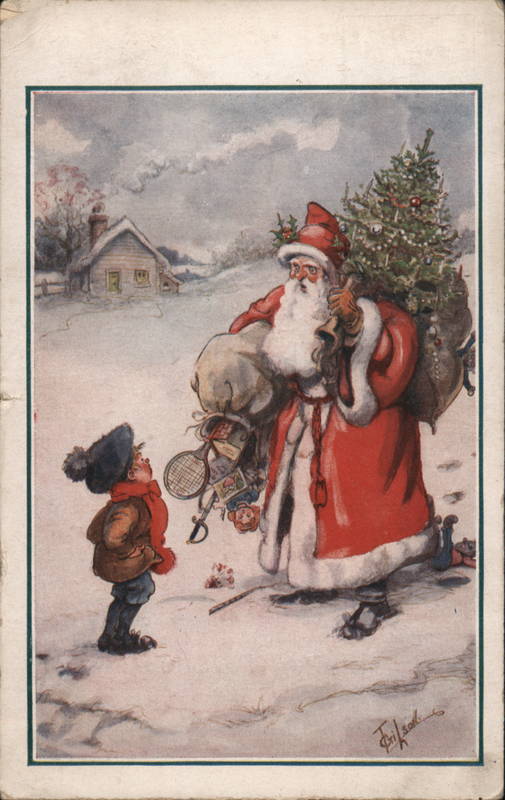 Santa Claus Holding Toys and Tree Talking to Young Boy