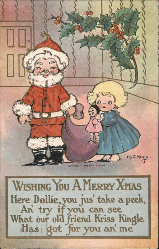 Santa Claus with Toy Sack and Young Girl with Doll