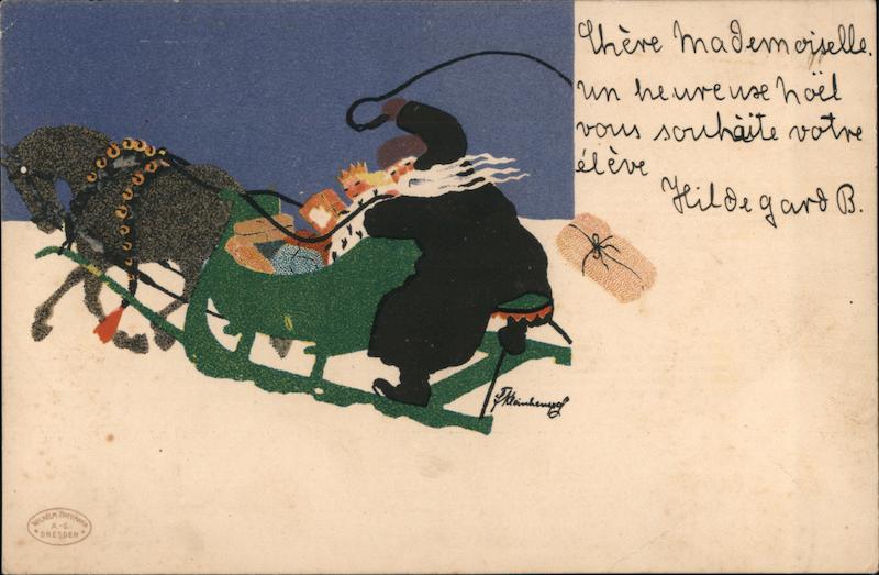 Santa wearing black on Green Sled delivering presents
