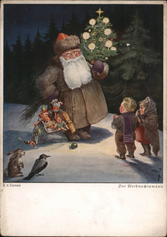 Santa in Brown Coat Walking Through the Snow Carrying Christmas Gifts and Tree