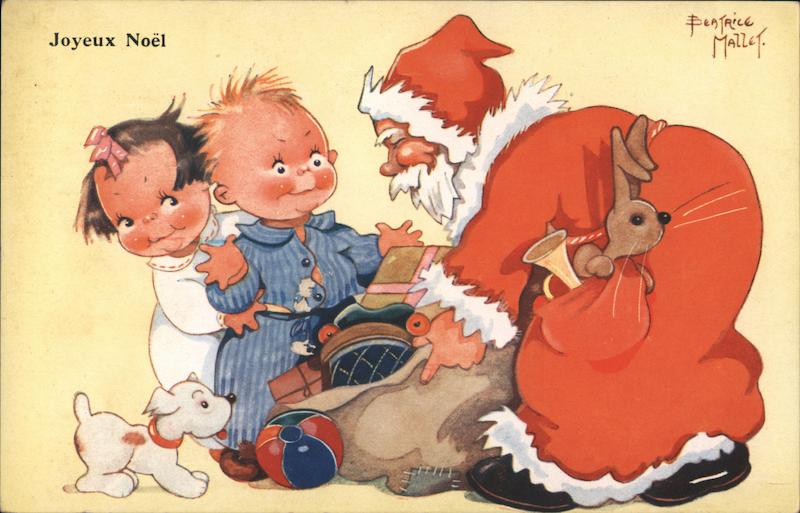 A little boy and girl receive gifts from Santa Beatrice Mallet