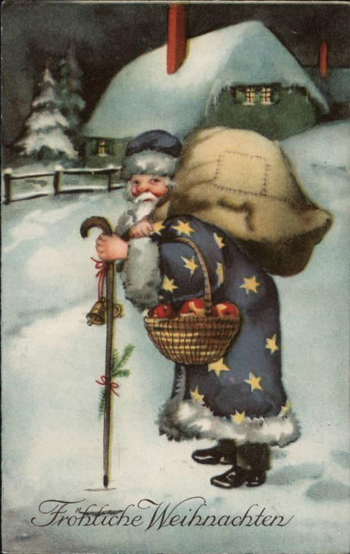 An old Santa Claus in a blue robe prepares to deliver gifts