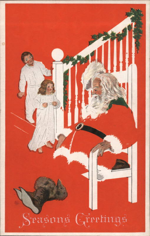 Fade-Away Seasons Greetings - Two Children Finding Santa Asleep on a Chair
