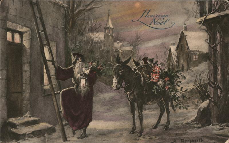 Santa Claus CLlmbing a Ladder to Deliver Gifts Abel-Pierre Renault