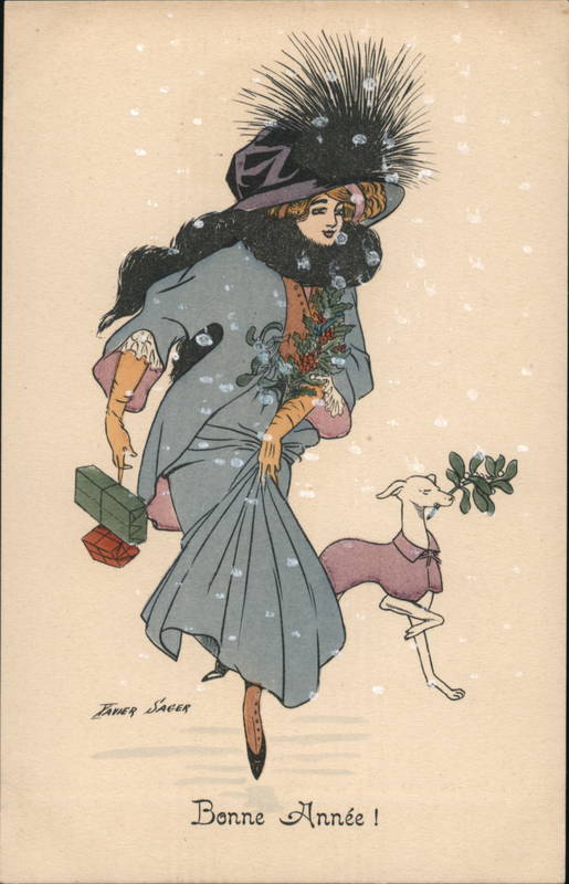 Bonne Annee! Happy New Year, Woman with Present and Dog