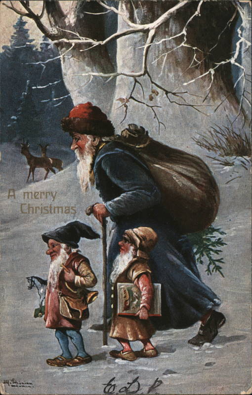 Santa Dressed in Blue Walking in Snowy Woods with Elves