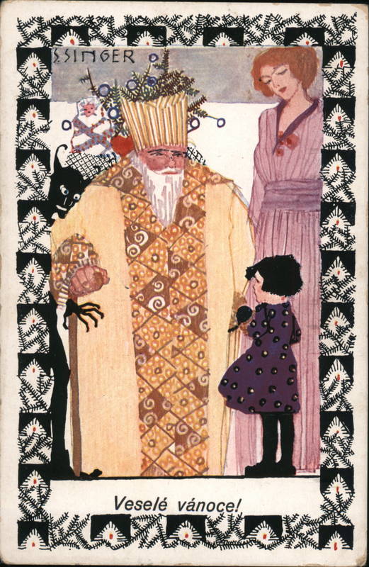 Santa Claus in a Yellow Robe & Hat with a little girl and her mother.