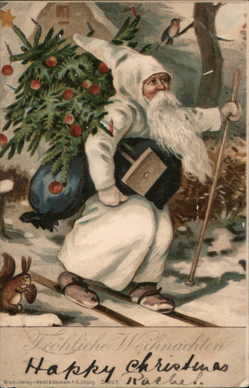 German Santa in White Robe Carrying Tree and Sack of Toys