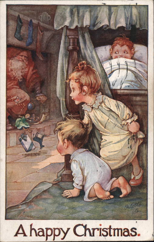 Children Secretly Watching Santa Claus Come Down a Chimney