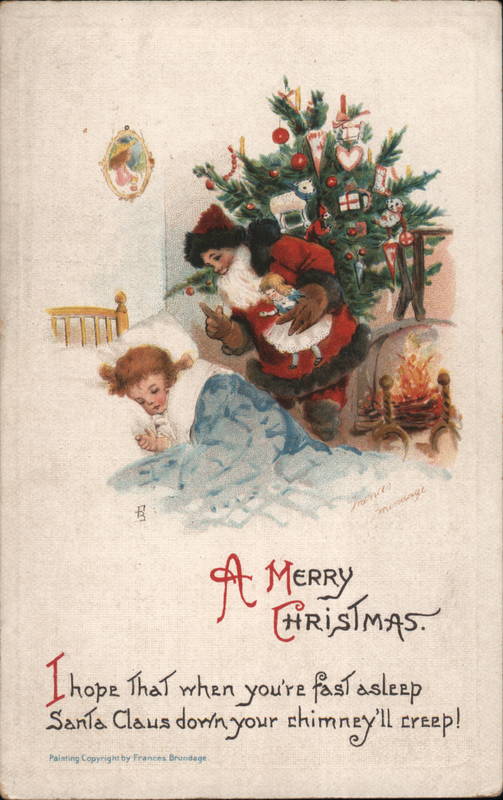 Santa delivering a doll to a sleeping girl. Frances Brundage
