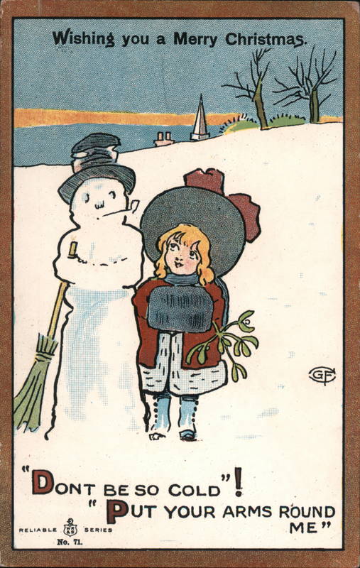 Young Girl Standing Next to Snowman Snowmen