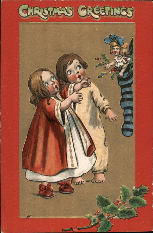 Two Young Girls Looking at a Doll in a Stocking Children