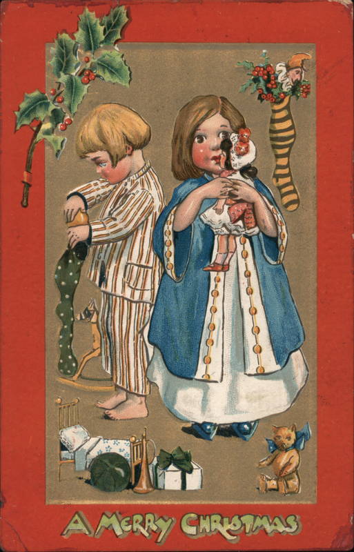 Children Pulling Gifts Out of Stocking Santa Claus