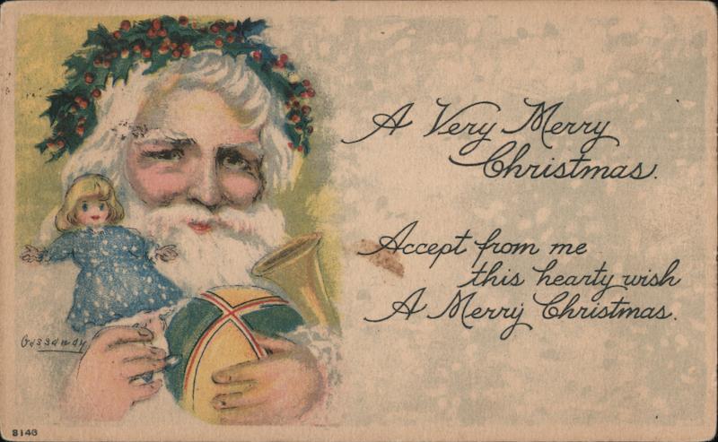 Santa Holding a Doll, Ball and Horn Santa Claus