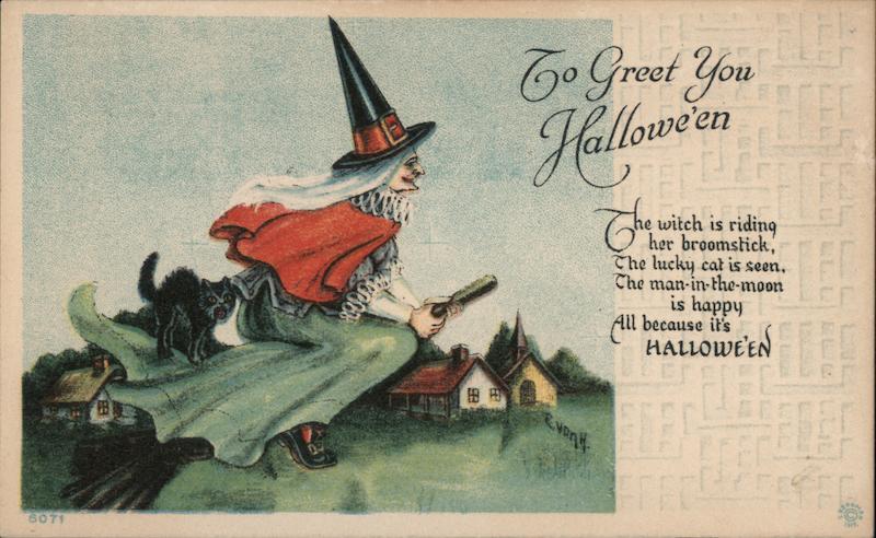 To Greet You Halloween - Witch flying on broomstick with black cat