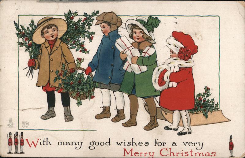 Drawing of Children Carrying Holly and Gifts for a Holiday Event
