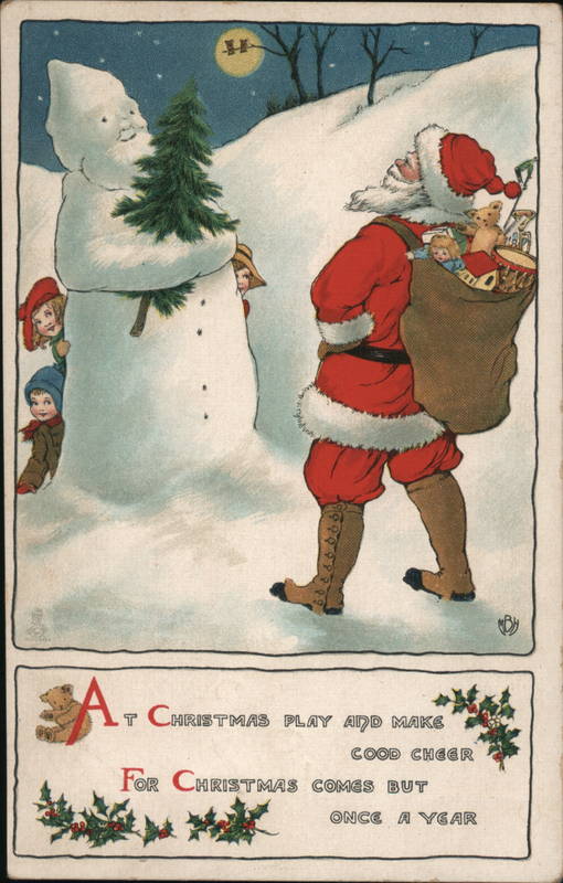 Santa Claus Looking at Snowman as Children Hide Behind It