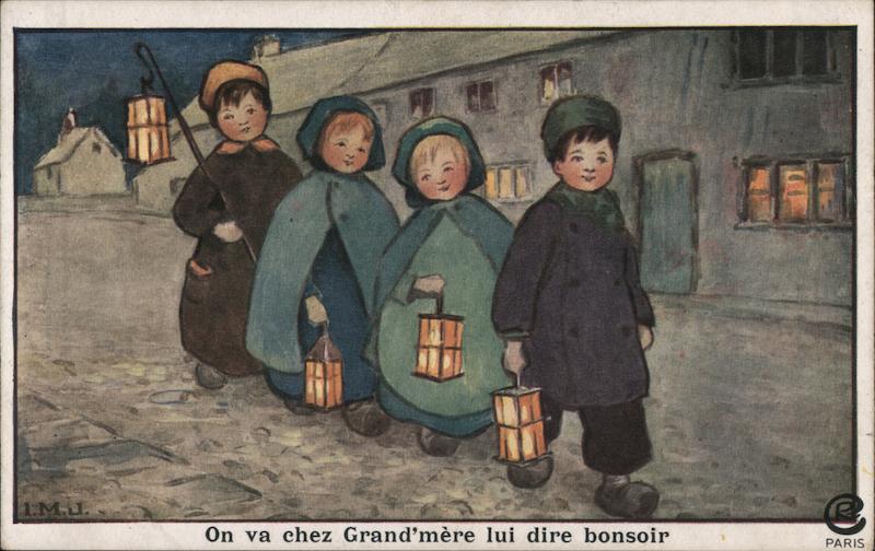 Children walking through town at night